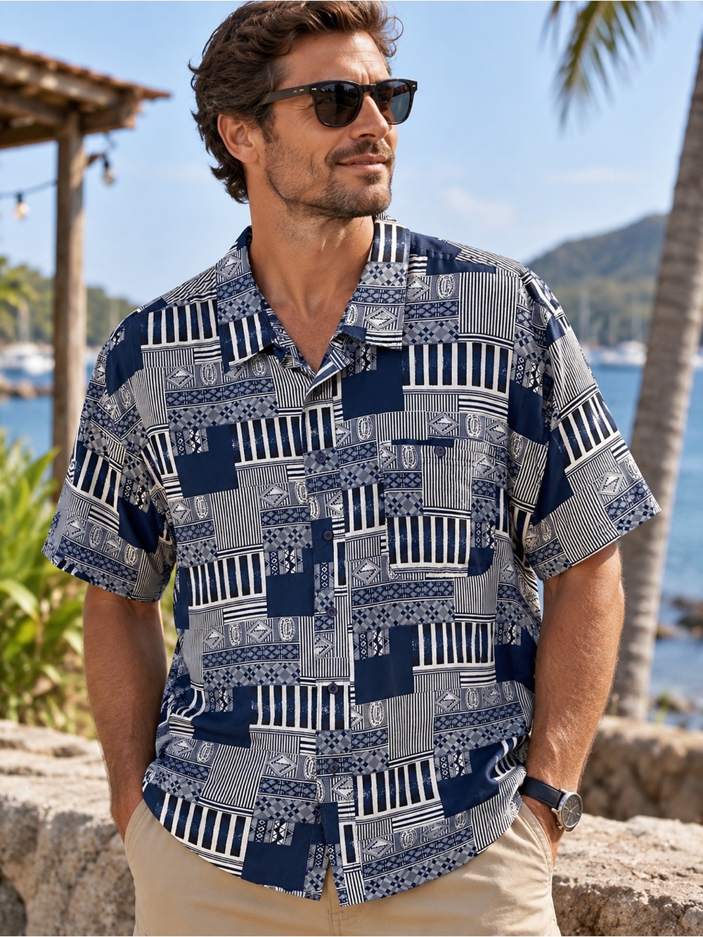 Vintage Snow Men’s XL 100% Silk Shirt Navy Blue Geometric Abstract Button Up